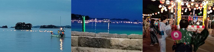 Picture of Lanterns from a small ship / Lanterns floating in the sea / Bon dancing at the Umi-no-bon